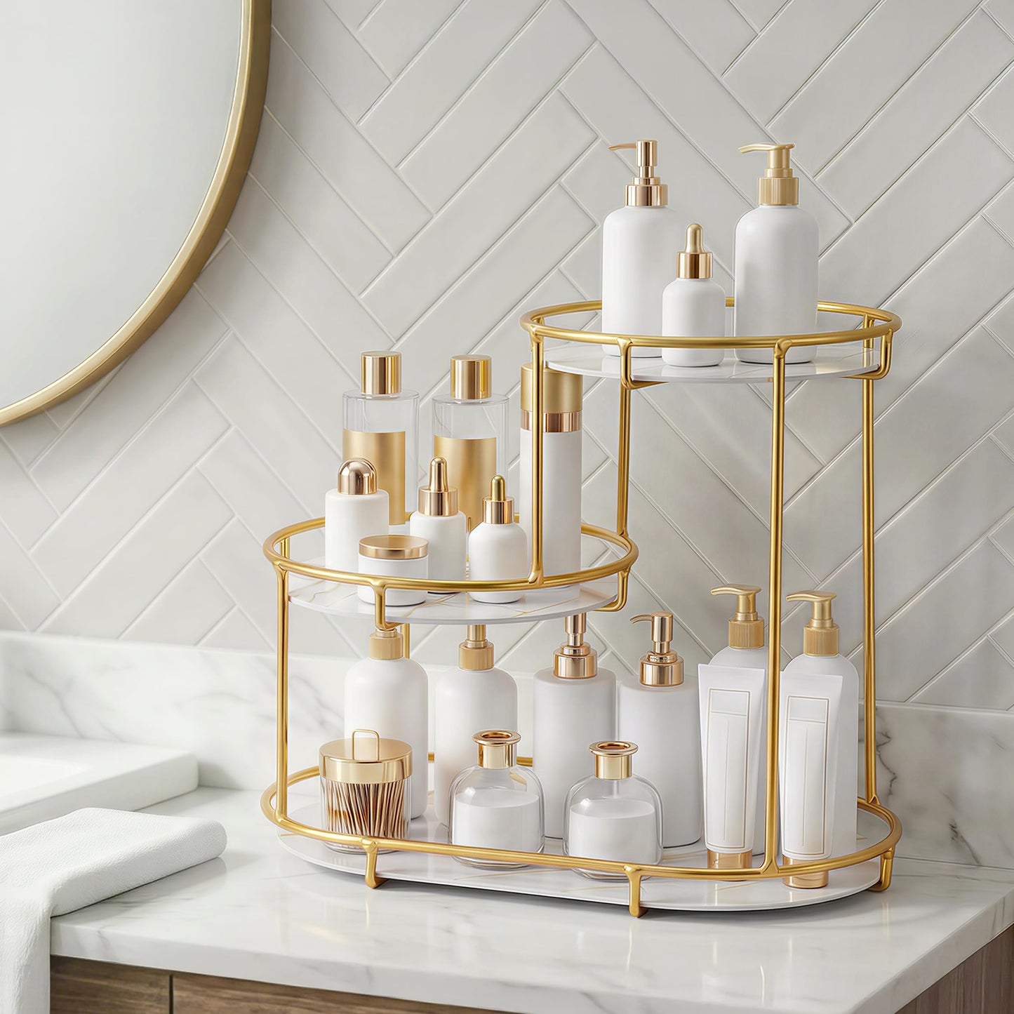 HBlife Makeup Organizer for Vanity, 3 Tier Metal Bathroom Countertop Organizers Skin Care Storage, Bathroom Counter Shelf Skincare Holder Perfume Cosmetic Display, Gold