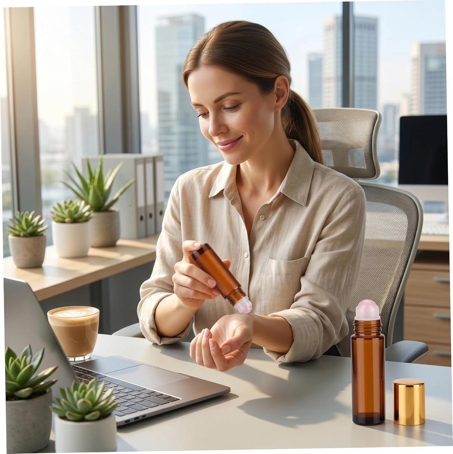 Rose Quartz Roller Bottle - 2PCS Refillable Glass Roll-On for Essential Oils | 50ml Brown Glass with Metal Cap