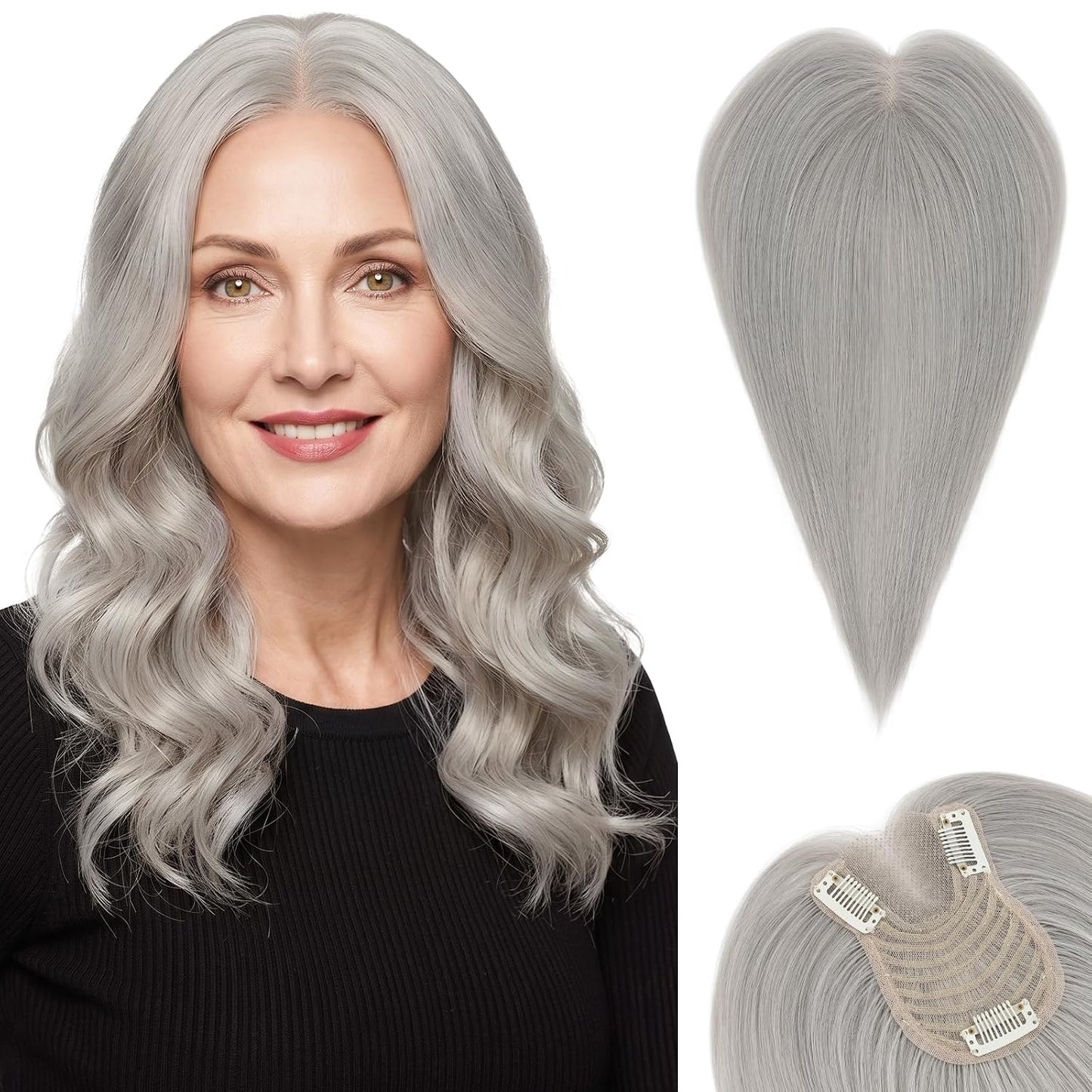 **Hair Toppers for Women - Real Human Hair with Curtain Bangs | 10-Inch Lace Base Clip-In Piece - #02 Dark Brown**