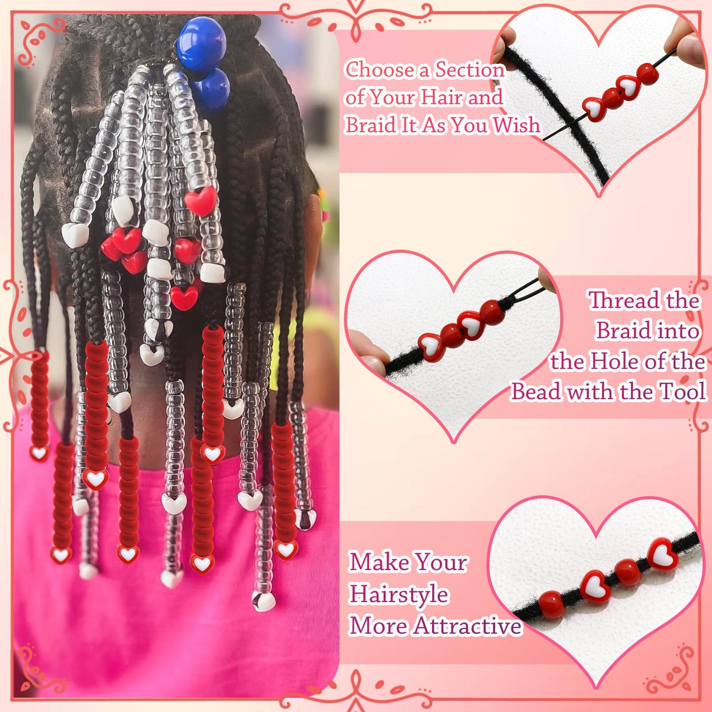 NAISKA 60PCS Valentine's Day Heart Hair Beads for Braids Red Pony Bead Loc Dreadlock Beads Kids Girls Acrylic Loc Jewelry Valentine's Day Hair Accessories