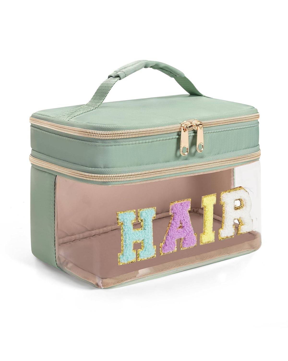 Double Layer Hair Accessories Organizer - Preppy Patch Makeup Bag | Portable Travel Cosmetic Pouch for Women - Green