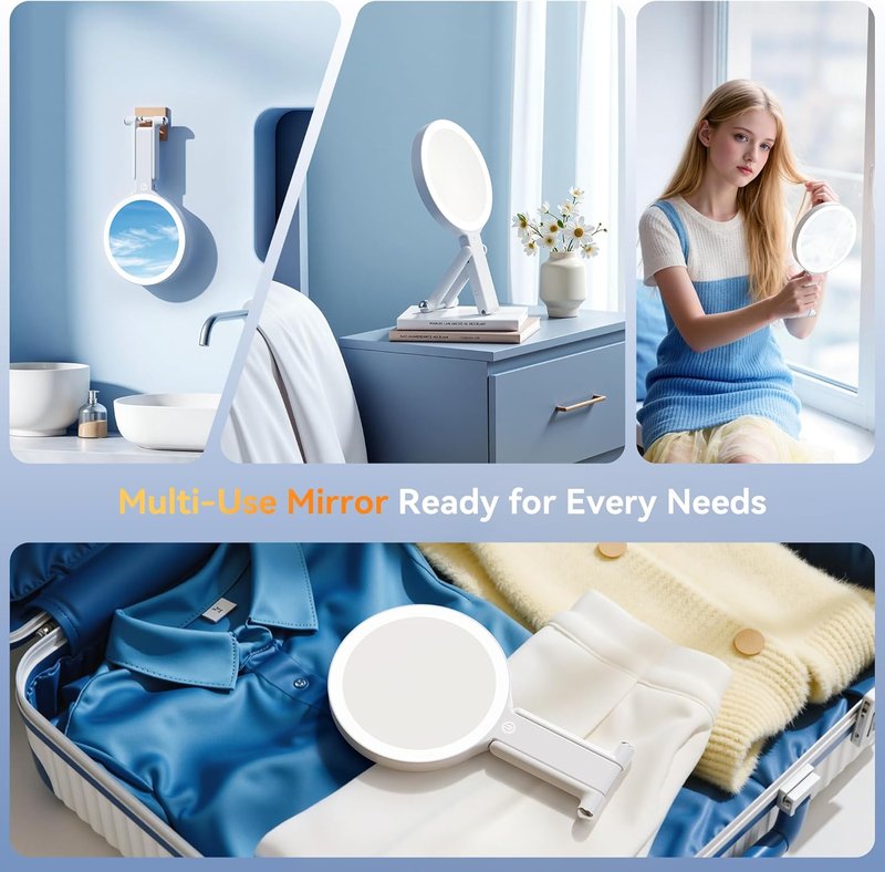 Travel Makeup Mirror with Lights - Double-Sided 30X/1X Magnifying | Portable Handheld with 3 Color Lighting & Adjustable Brightness