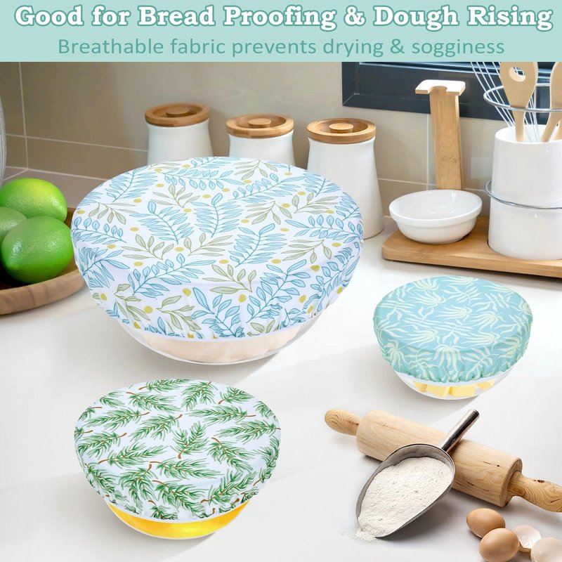 Revahope 5-Size Reusable Beeswax Bowl Covers for Bread Proofing, Cotton Cloth Flexible Beeswax Wraps for Food Storage(Green Leaves)