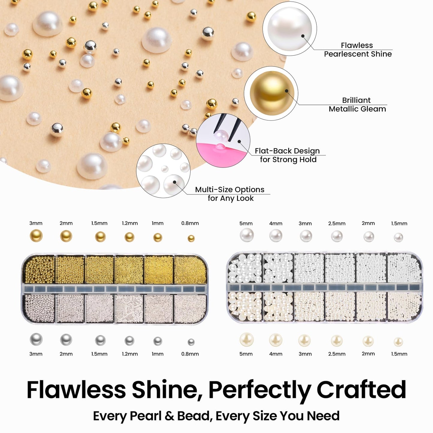 Beetles 3D Nail Charms Gold Silver Nail Beads and White Pearl with 15g