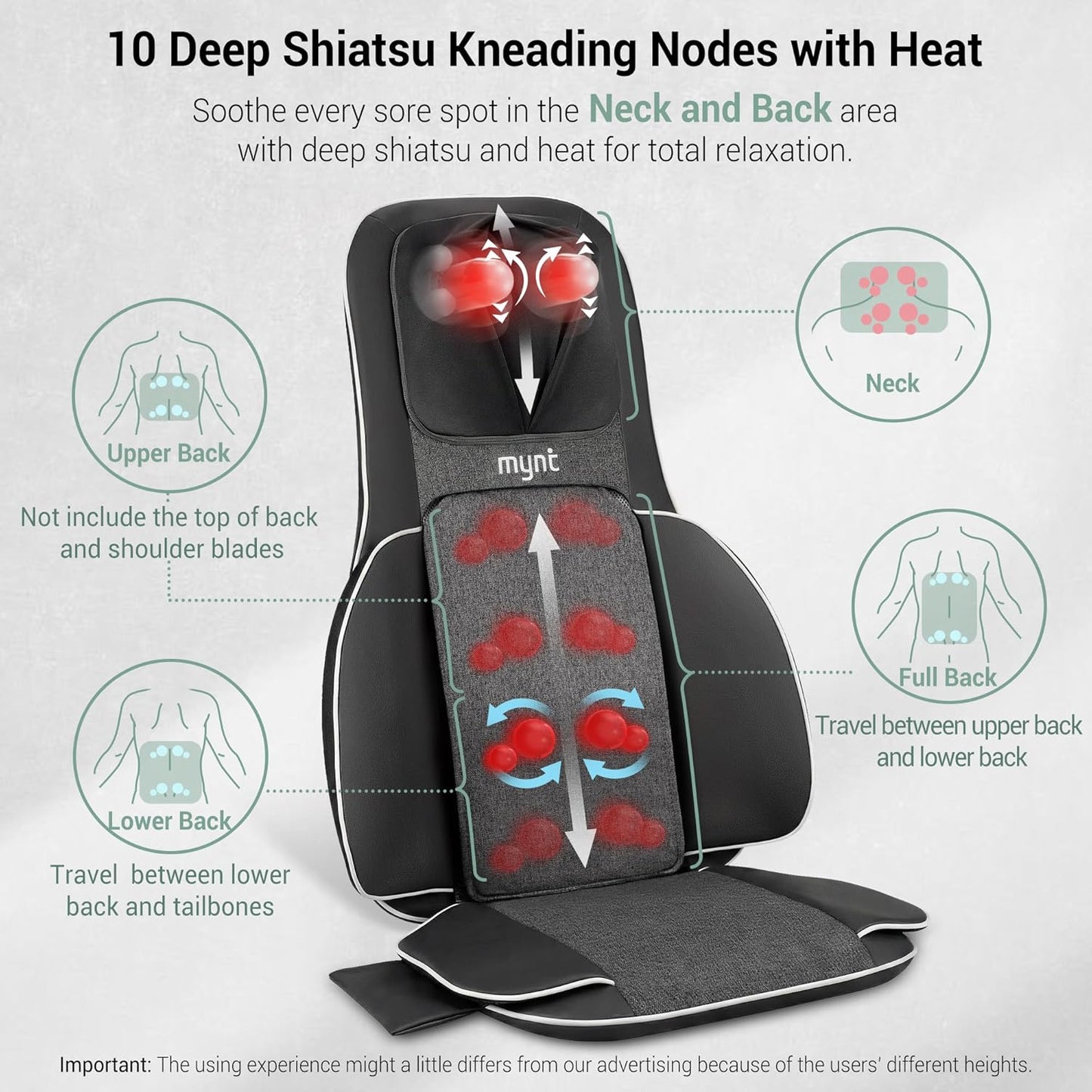 Shiatsu Neck and Back Massager - FSA Eligible HSA Approved, 10 Deep Kneading Nodes, 2D & 3D Adjustable with Heat | Portable Massage Chair Pad