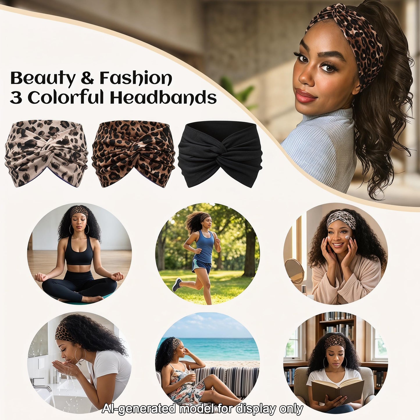 WENNKINN 7-Inch Wide Headbands for Women – 3 Pack Soft Thick Turban Hair Bands, Bandana-Style Head Wraps for Workout Yoga Sleep, Fashion Accessories with 6 Pcs Hair Ties-Brown leopard, Black