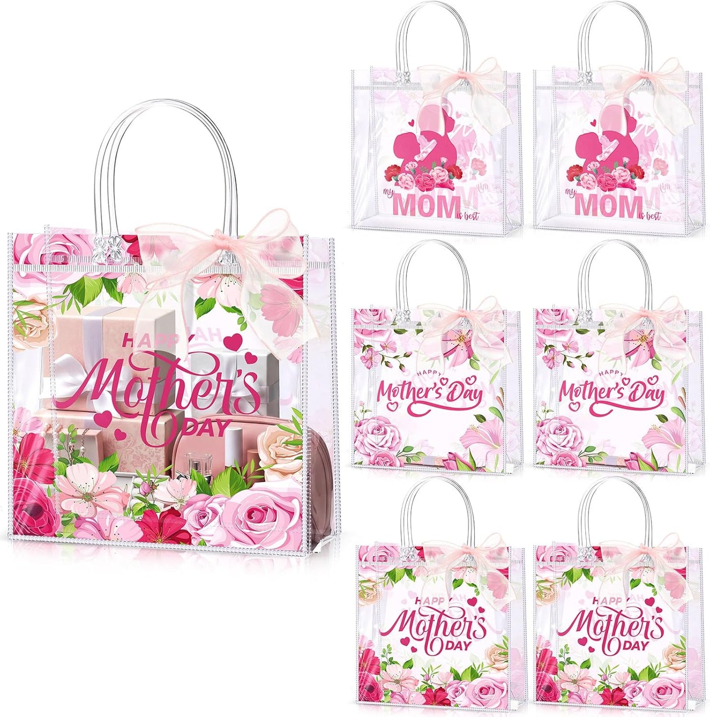 Reusable Floral Mothers Day Gift Bags - 30 Pcs Medium Plastic Tote Bags with Handles | 9x8x3 Inch Waterproof Wrap for Mom & Grandma