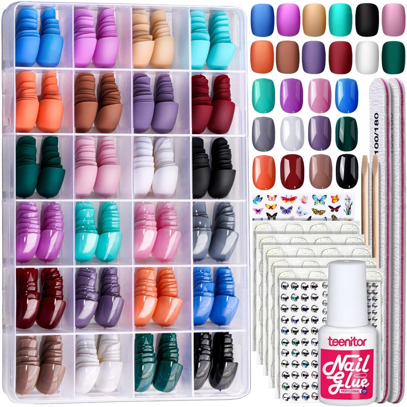 Teenitor 24Pack Short Press On Nails, 576Pcs Round Press On Nails, Matte and Glossy Short Fake Nails With Glue