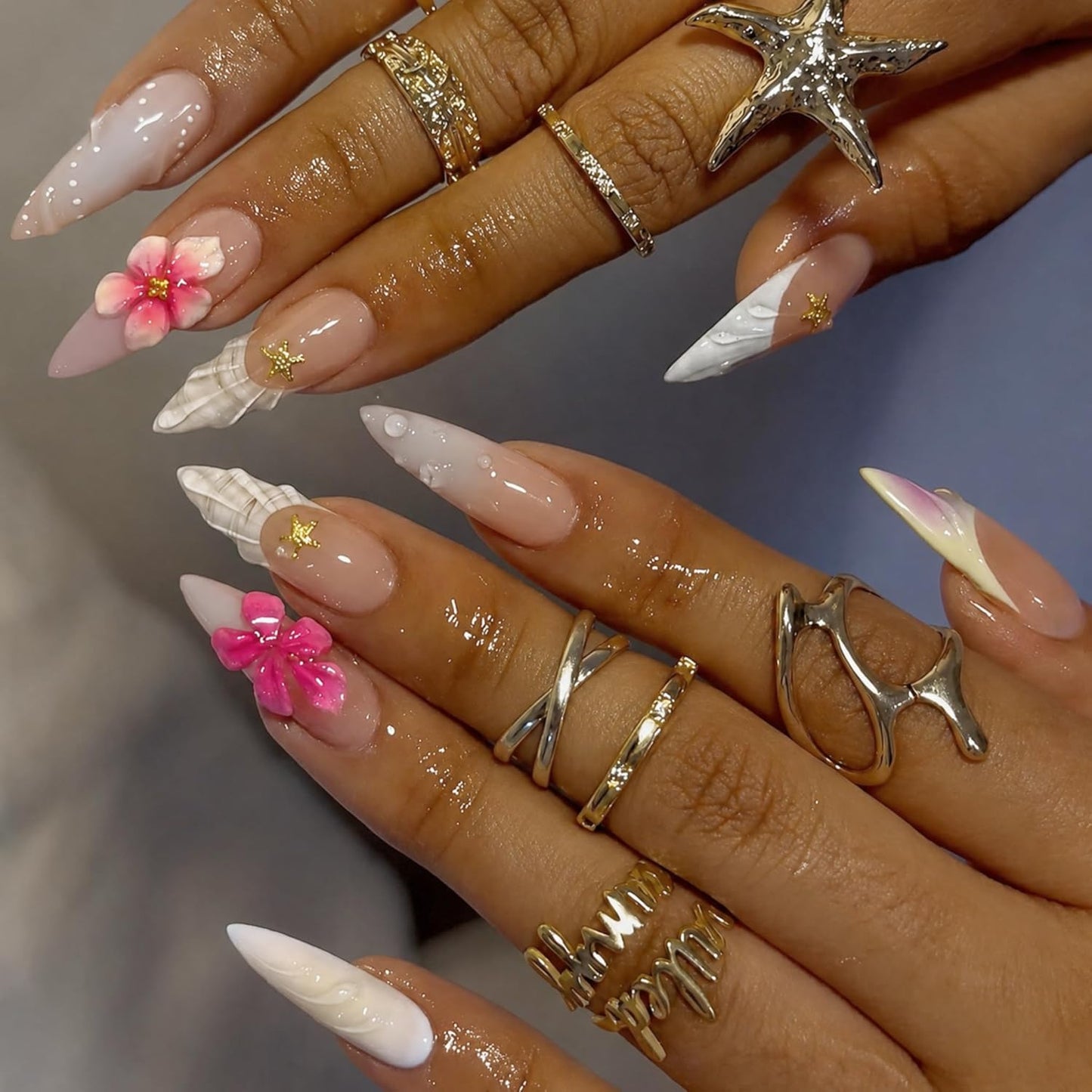 Almond Press-On Nails - Ombre French Tip with Butterfly Designs | 24 Pcs Set for Women