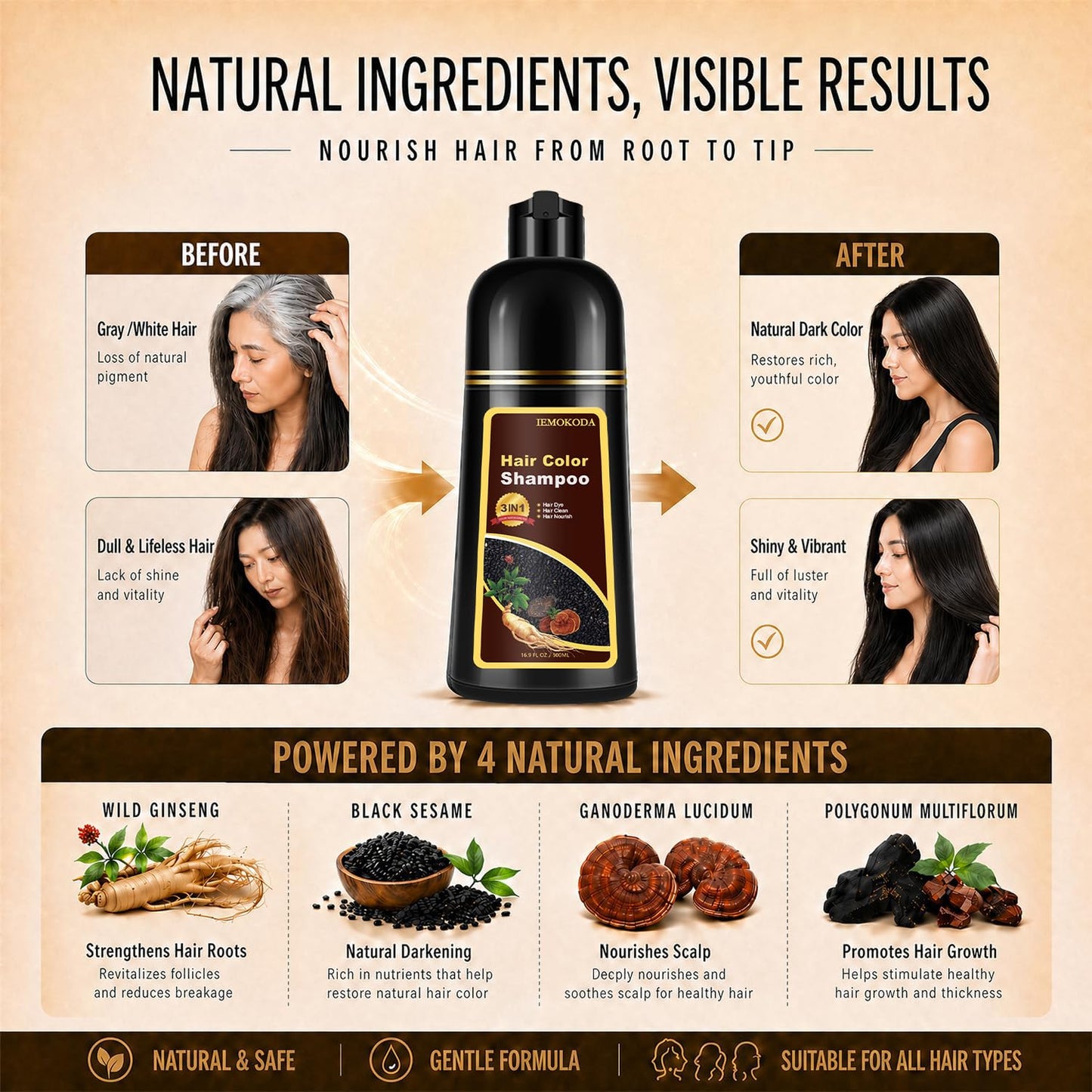 Dark Brown Hair Dye Shampoo - Instant Gray Coverage & Color | Semi-Permanent Formula, 16.90 Fl Oz