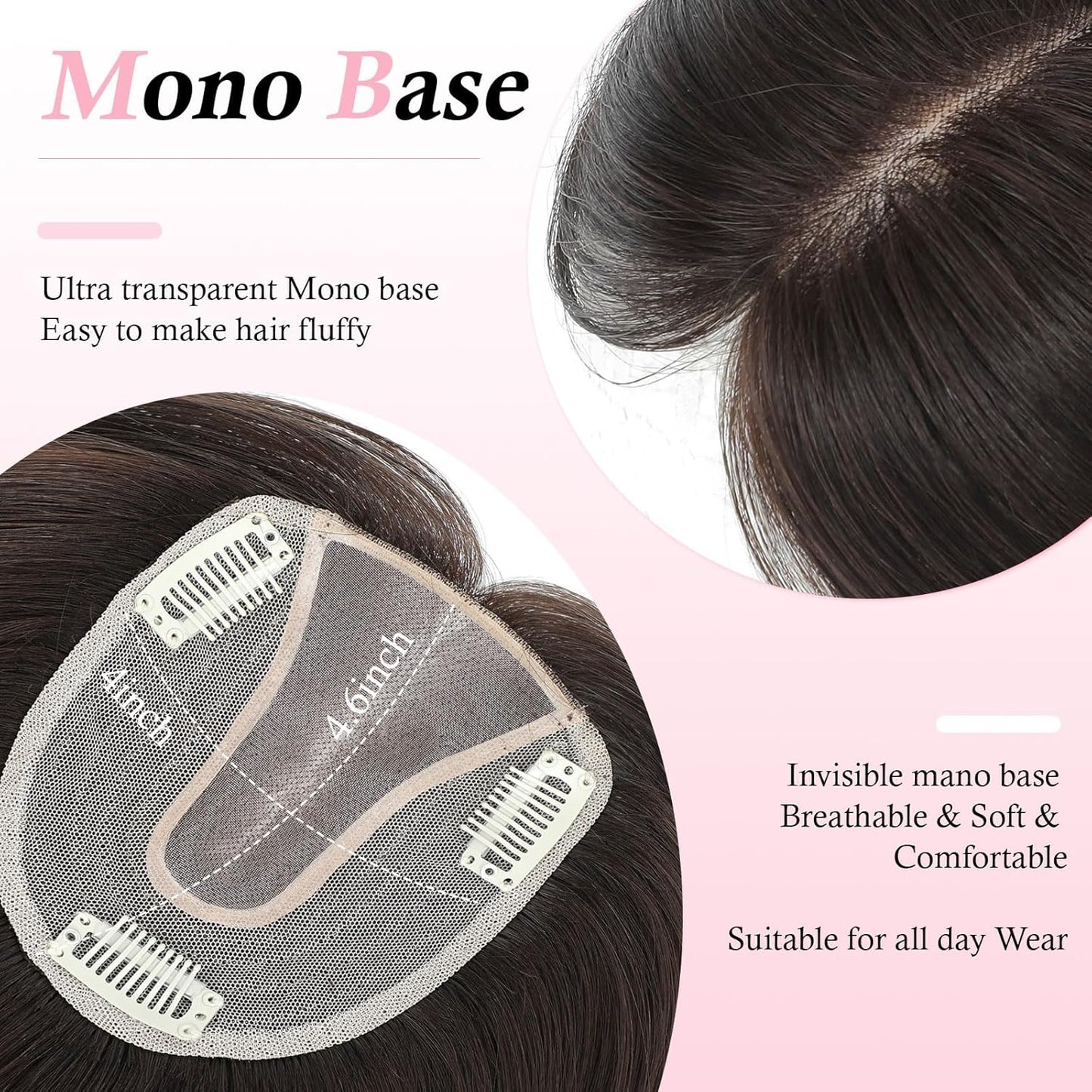 Real Human Hair Toppers for Women - 12 Inch Thinning Hairpieces | Dark Brown Color