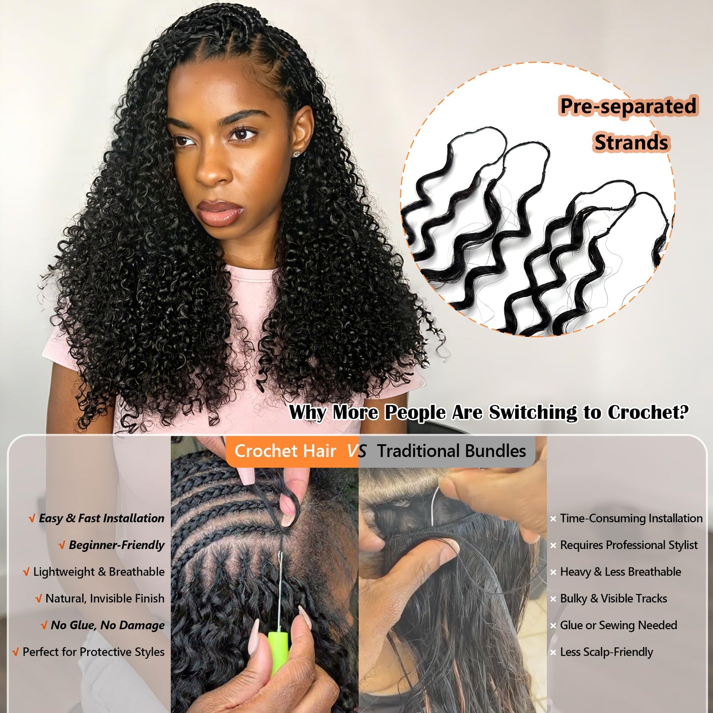 100% Human Hair Crochet Hair Burmese Curly, Pre-Looped & Pre-Separated Crochet Braids, Natural Black, Soft Lightweight, No Shedding, Tangle Free, Crochet Hair for Black Women 50strands 60g 20 Inch