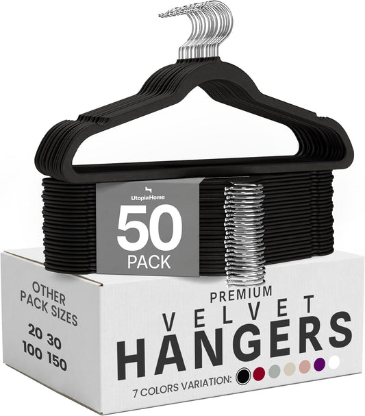 Utopia Home Velvet Hangers - Non-Slip Slim Coat & Pant Hangers | 50 Pack, 360° Swivel Hook, Black