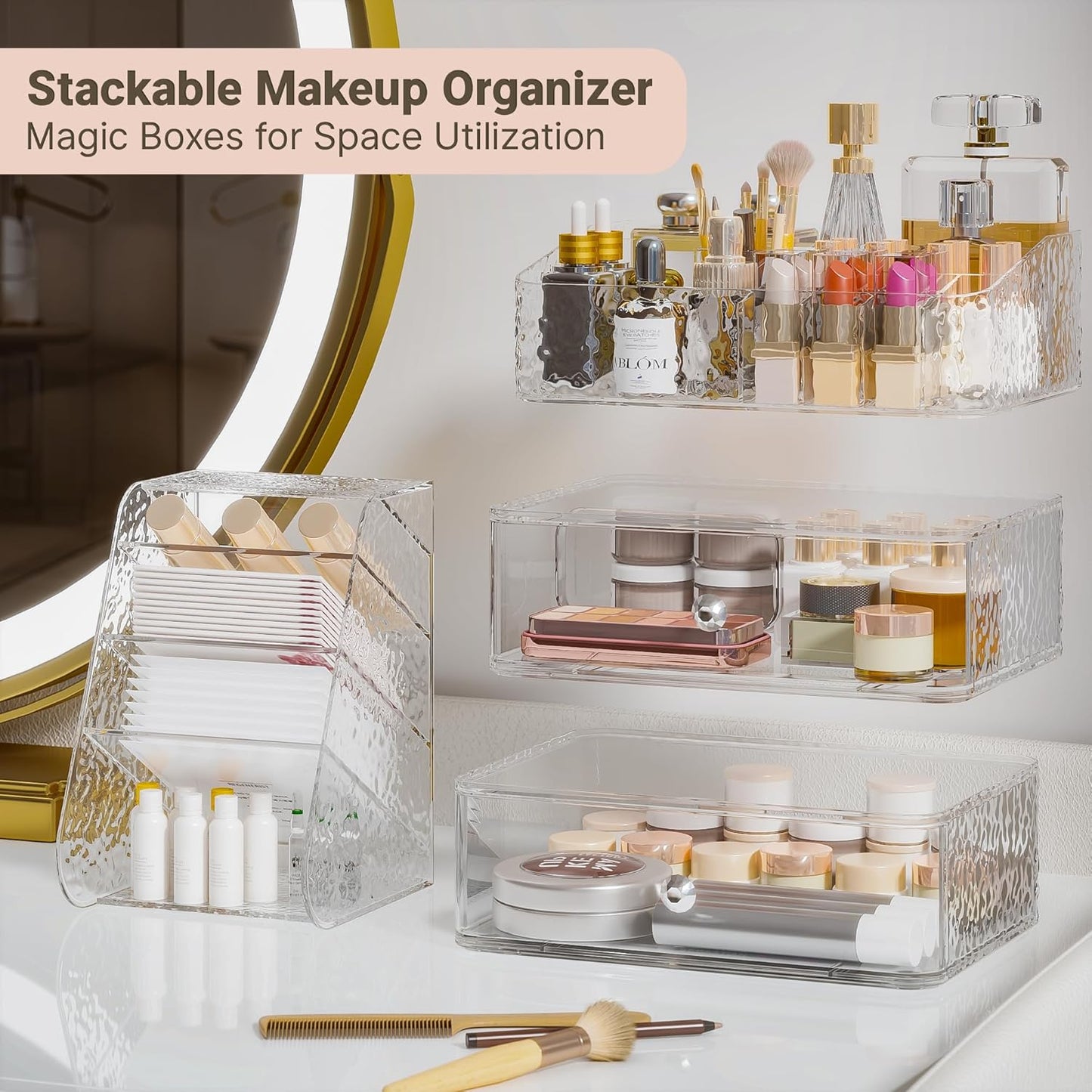Makeup Organizer - Clear Stackable Storage Case for Brushes, Lipsticks & Skincare | Vanity Drawer Solution