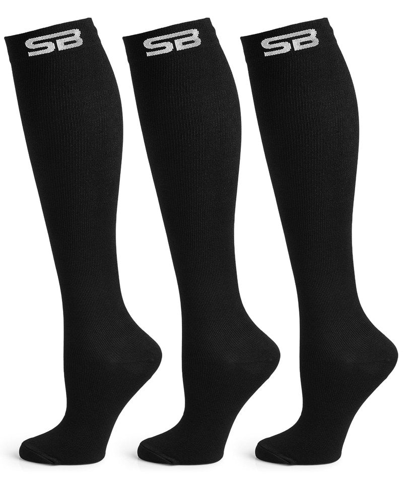 SB SOX 3-Pair Compression Socks for Men & Women (15-20mmHg) – Best Compression Socks for Flying, Medical, Sports, Wide Calf Fit, Skiing, and Daily Wear (L/XL, 01 – Solid Black)