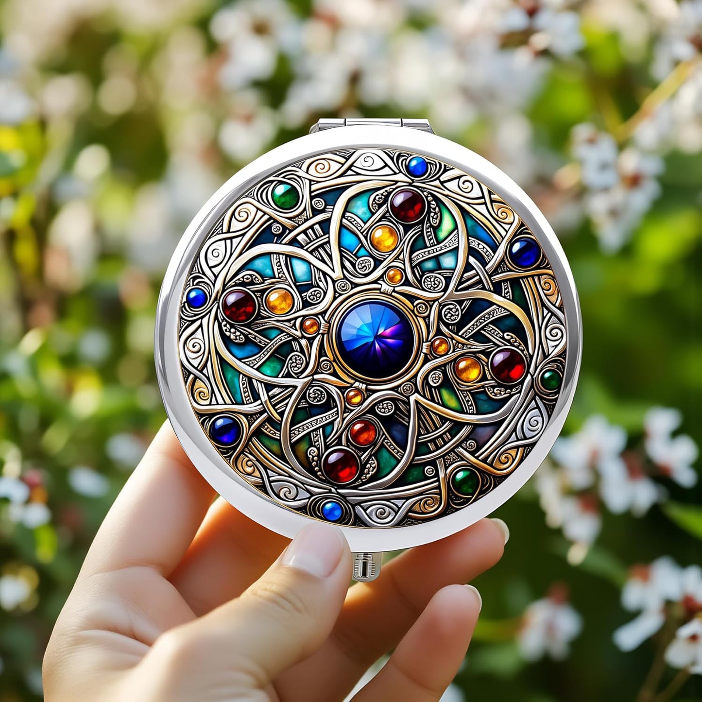 Double-Sided Silver Compact Mirror - 2.8 Inch Folding Makeup Mirror with Celtic Knot Design | Perfect Gift for Women
