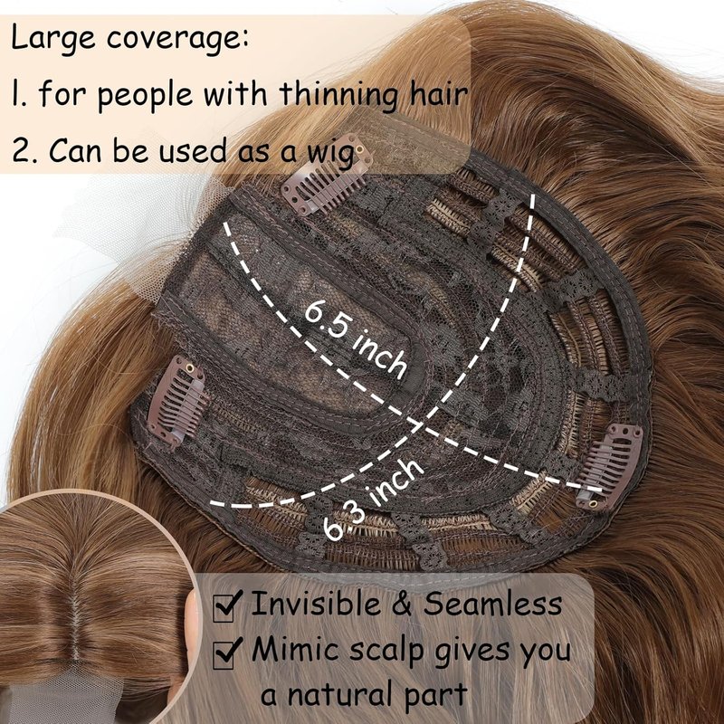 16 Inch Hair Topper for Women - Synthetic Curly Clip-In with Curtain Bangs | Honey Brown Volume Boost