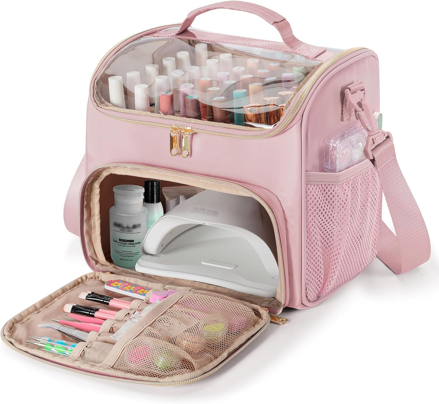 Nail Polish Organizer Bag - Holds 42 Bottles | Double Layer Storage Case for Gel Polish & Tools - Pink