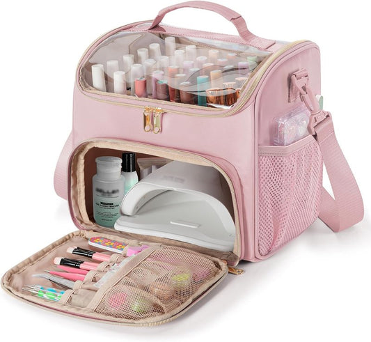Nail Polish Organizer Bag - Holds 42 Bottles | Double Layer Storage Case for Gel Polish & Tools - Pink