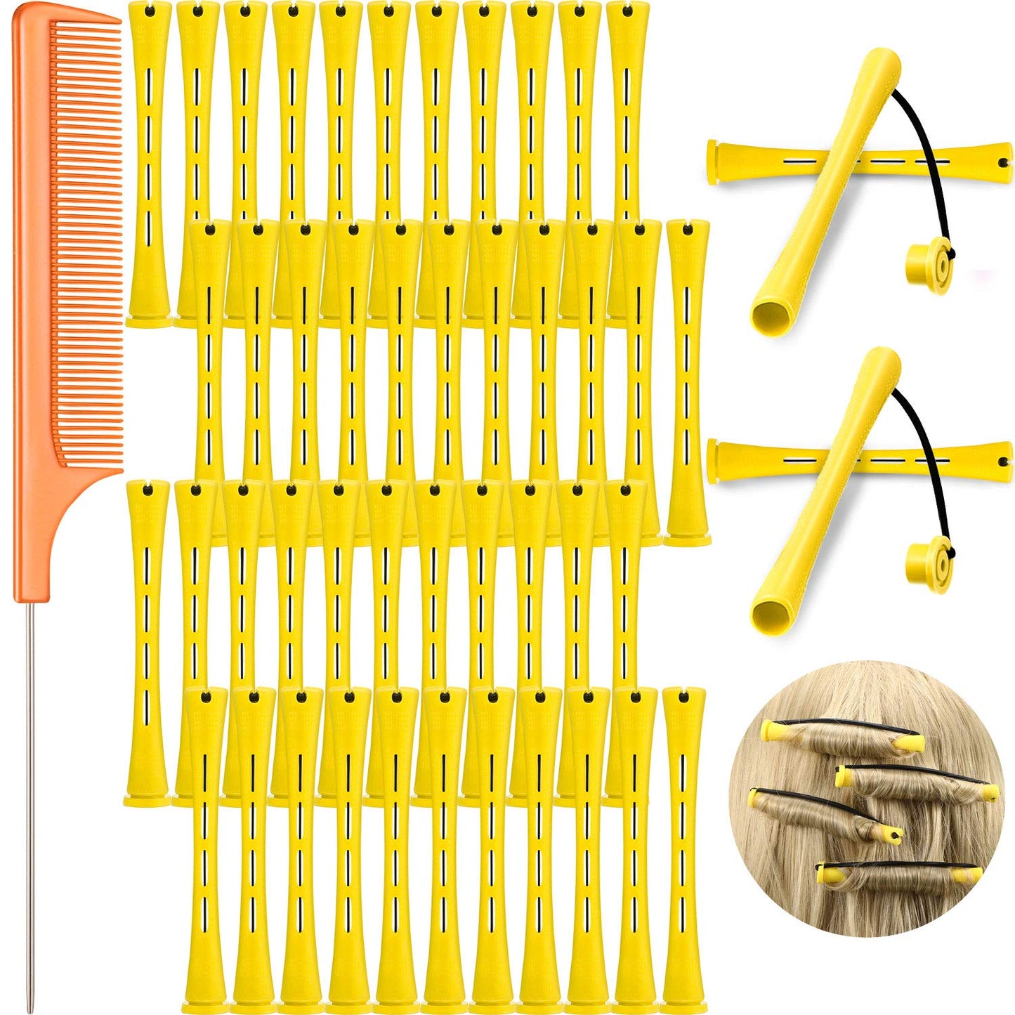 Plastic Curlers Set - 48 Pieces with Steel Pintail & Rat Tail Combs for Cold Wave Perming | Yellow & Orange, 0.28 Inch