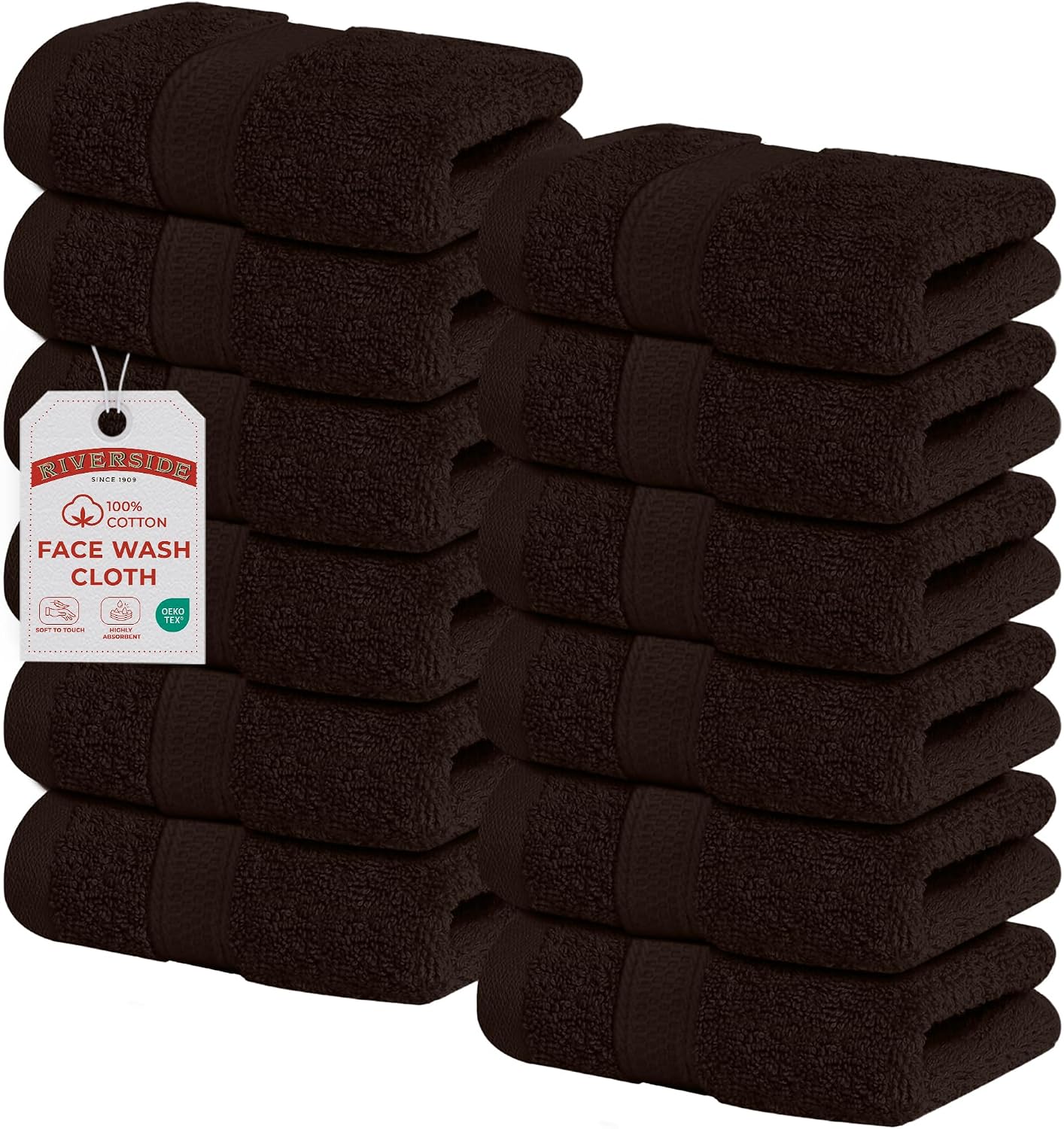 Riverside 12-Pack 100% Cotton Hunter Green Face Towels - Super Soft, Absorbent Washcloths for Bathroom, Spa & Gym | 12x12 Inches