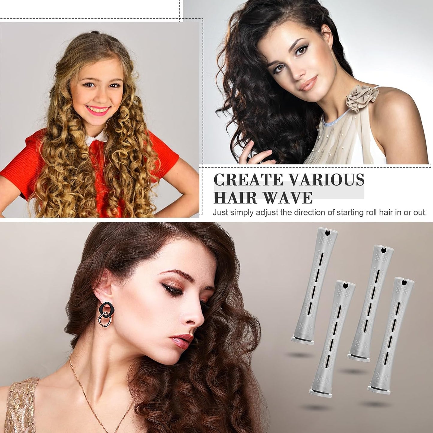 Hair Styling Kit - 48 Plastic Perm Rods, 2 Steel Pintail Combs, 350 Perm Papers, 6 Duck Bill Clips | Gray