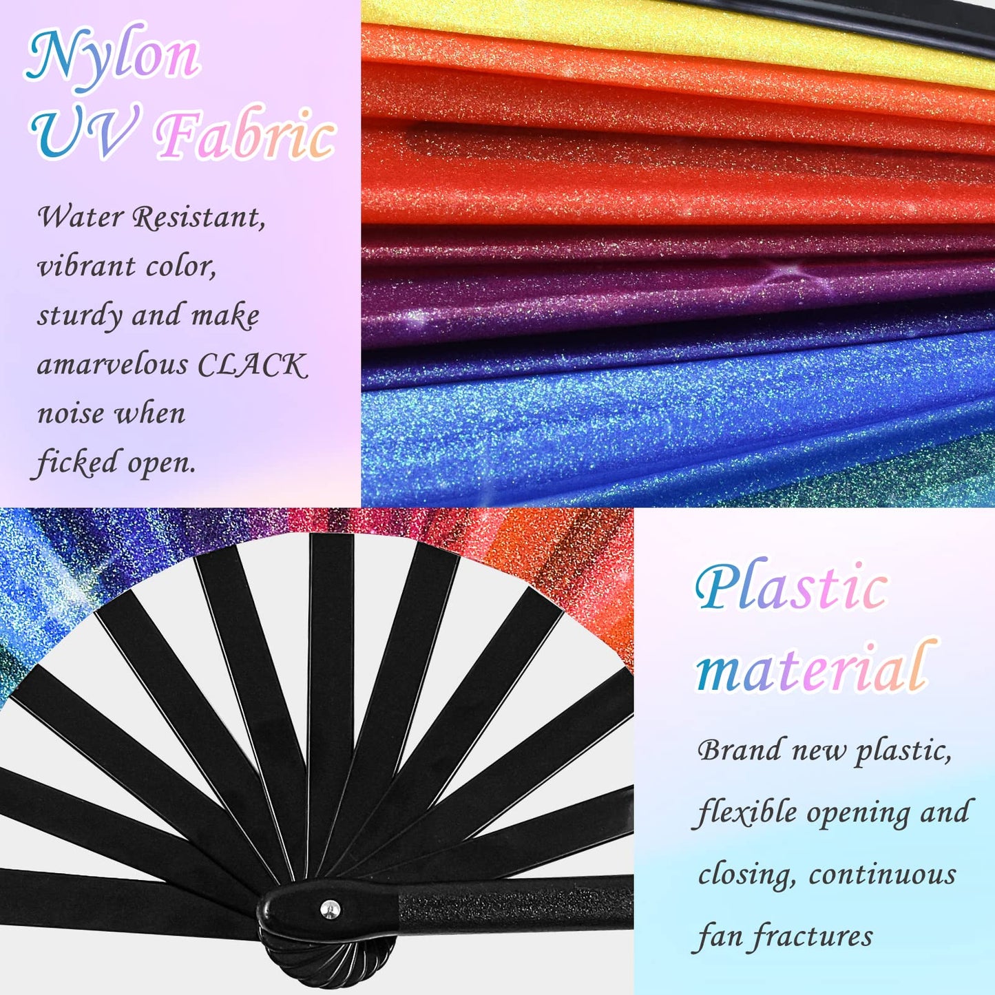 Large Rainbow Hand Fan Rave Clack Folding Fan Handheld Holographic Glitter Festival Foldable Silk Fan with Fabric Case for Men Women Gift Line Dancing Performance Gay Pride Day Parade Party Cosplay