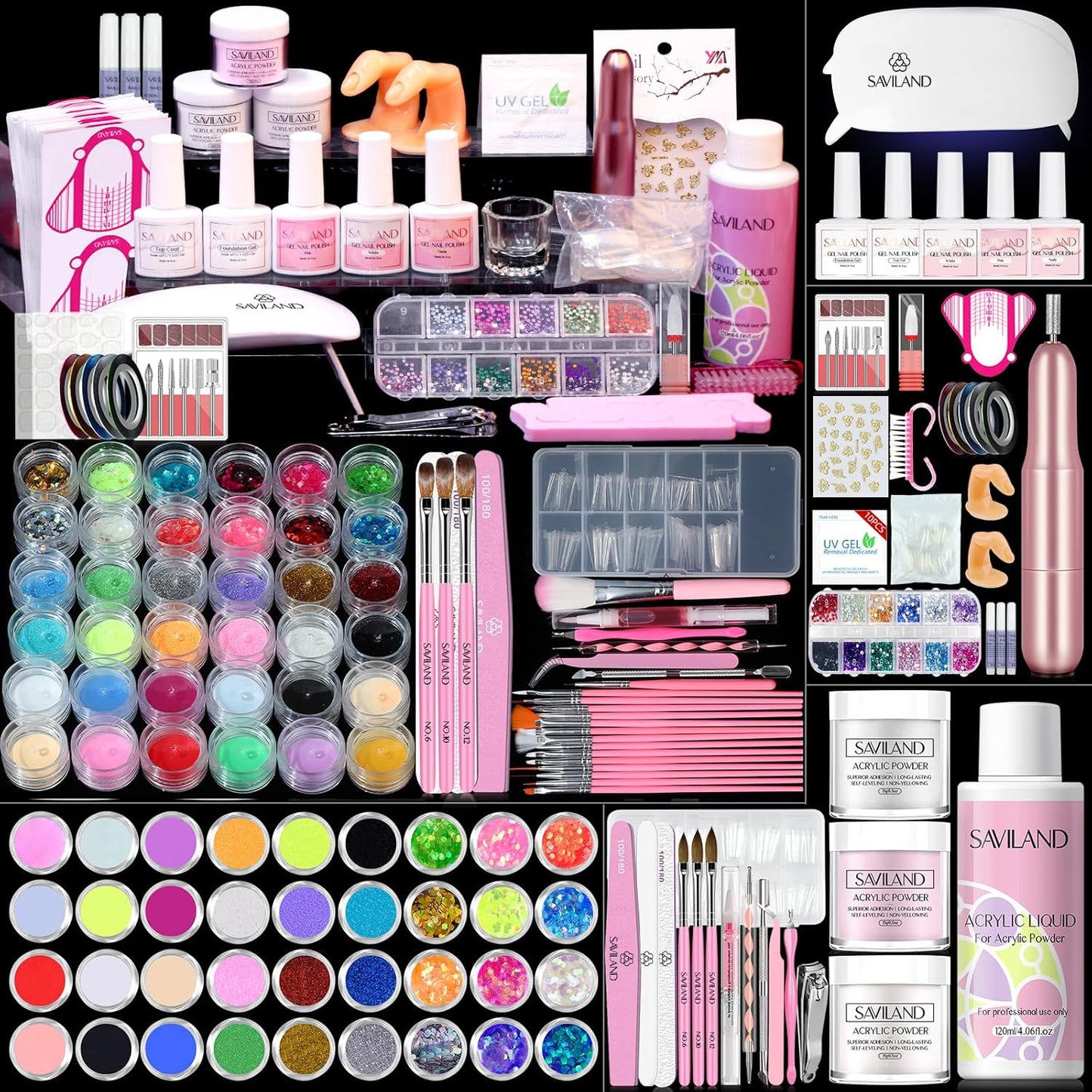 Acrylic Nail Kit with Drill & UV Light - Clear, Pink, Black & Red Powder & Gel Polish for DIY Nail Art