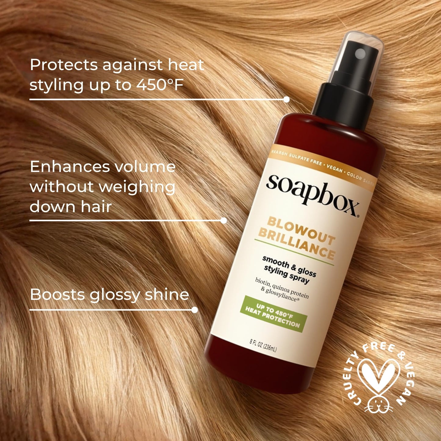 Soapbox Blowout Brilliance, 3-In-1 Volume, Shine & Heat Protectant Spray for Hair - Leaves Hair Shiny, Smooth, Lifted & Protected - Lightweight Thermal Protection with Anti Frizz Smoothing - 8oz