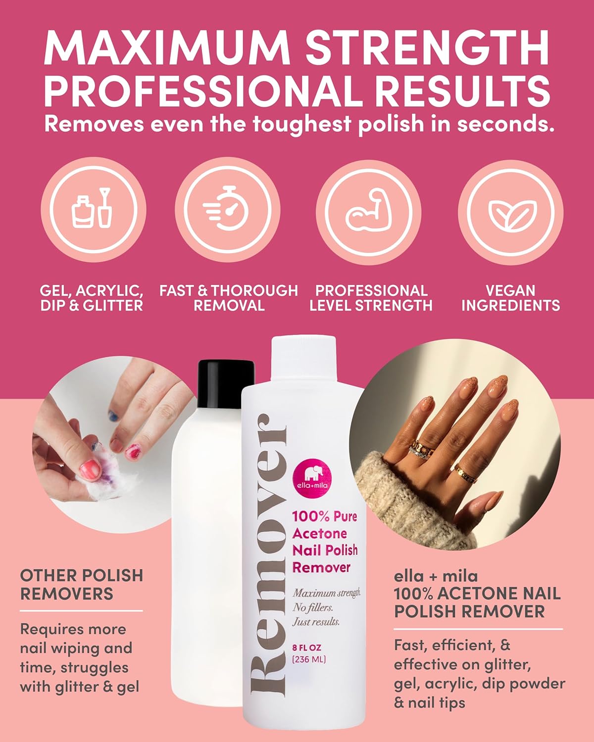 Ella+mila 100% Pure Acetone Nail Polish Remover - Professional Strength Gel for Acrylic & Shellac | 8 fl oz