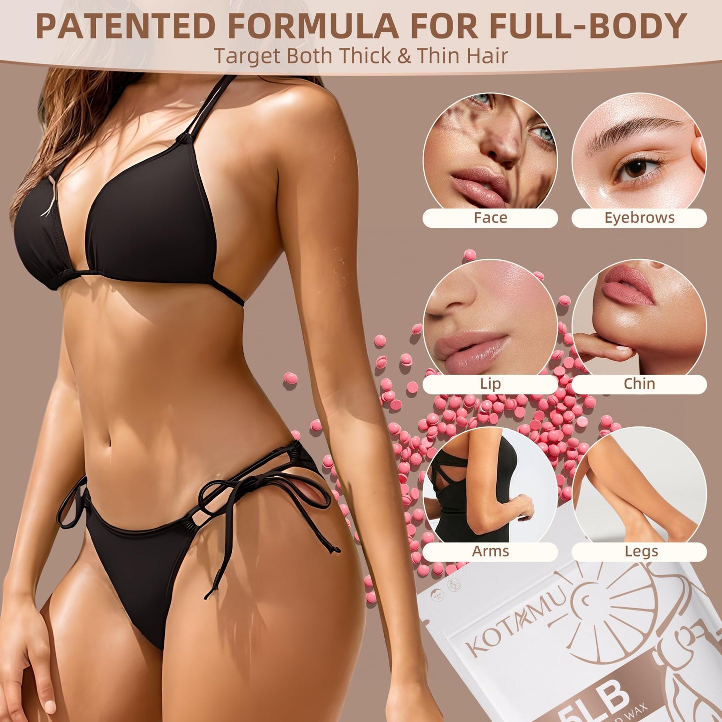KOTAMU Pink Wax Beans for Hair Removal, 2.5lb, Hard Wax for Face, Eyebrow, Bikini, Brazilian, Leg, Body, Sensitive Skin, Ideal for Women Home Salon Waxing
