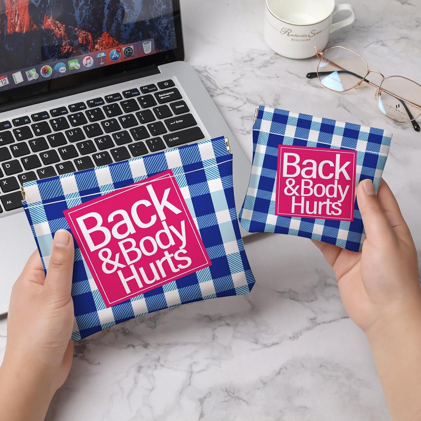 Makeup Bag Set - 2 PCS PU Leather Cosmetic Organizer | Portable Self-Closing Pouch for Women - Blue Checkered Pattern