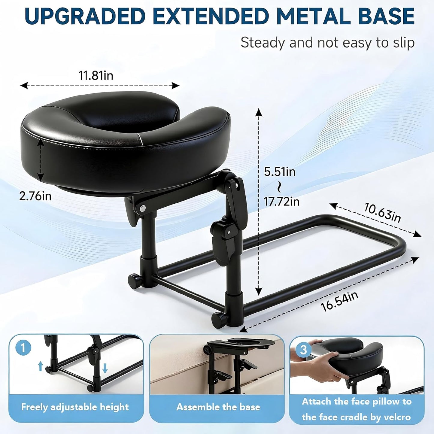 Massage Headrest for Bed - Adjustable 18" SPA Face Cradle Cushion | Home Salon Support (Black)