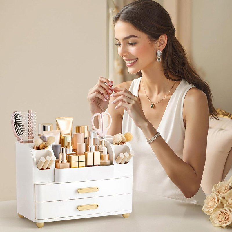 Makeup Organizer for Vanity - Large Bathroom Countertop Cosmetic Storage with Brush Holder | All White