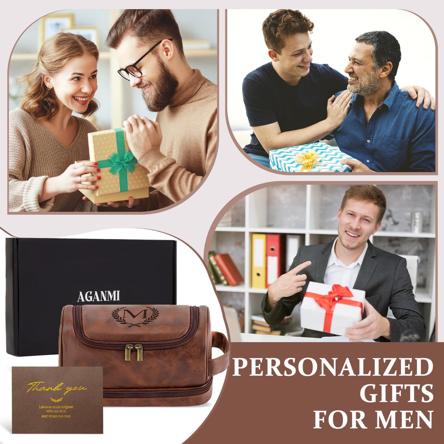 Aganmi Personalized Christmas Birthday Gifts Toiletry Bag for Men Dad Husband, Custom Initial PU Leather Waterproof Toiletry Organizer Dopp Kit Shaving Bag Travel Essential for Men, Reddish Brown J
