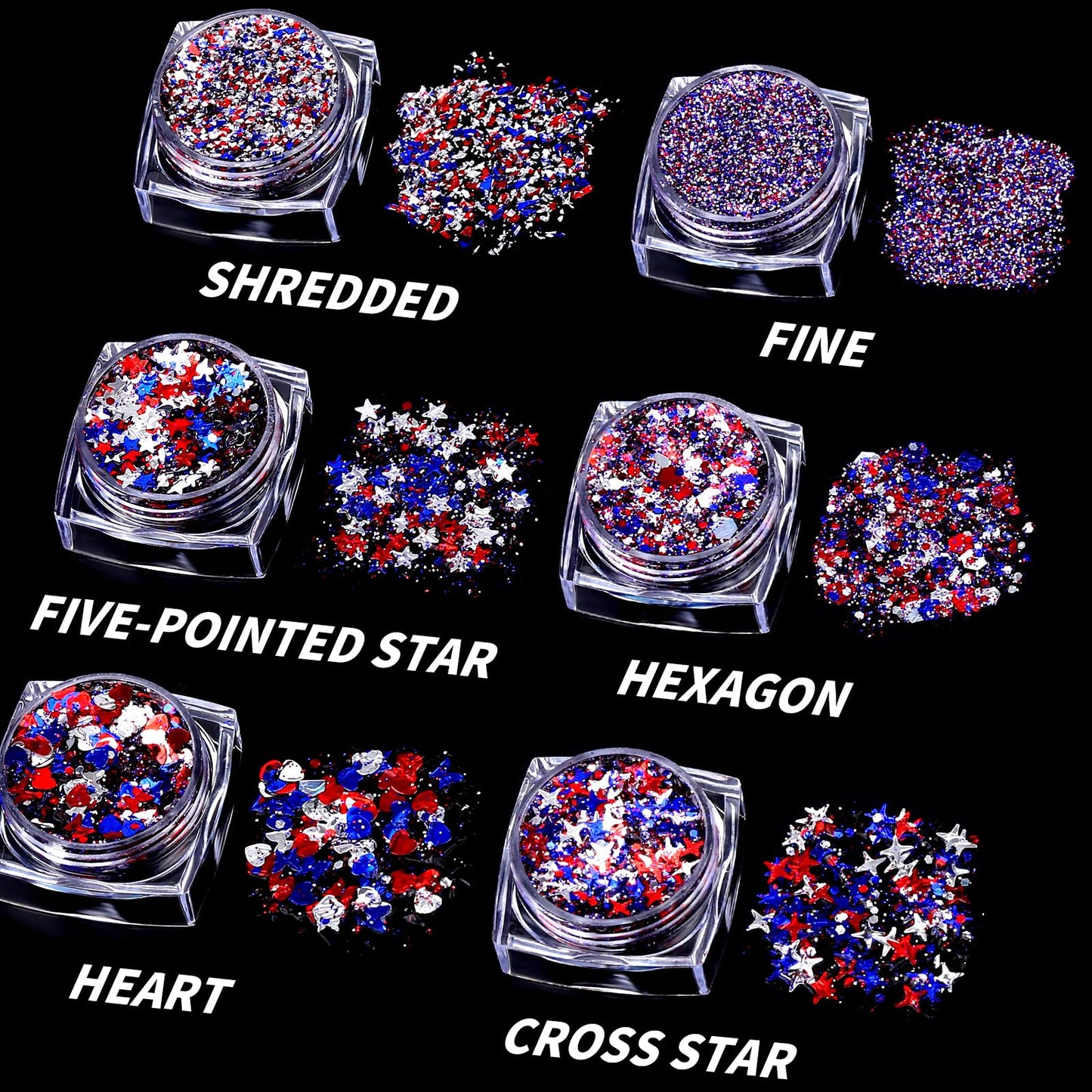 Teenitor Body Glitter Gel, 6 Shape Red White and Blue Face Glitter, 4th of July Accessories Hair Glitter for Kids, 4th of July Outfits USA Accessories for Women, Blue Face Glitter for Independence Day