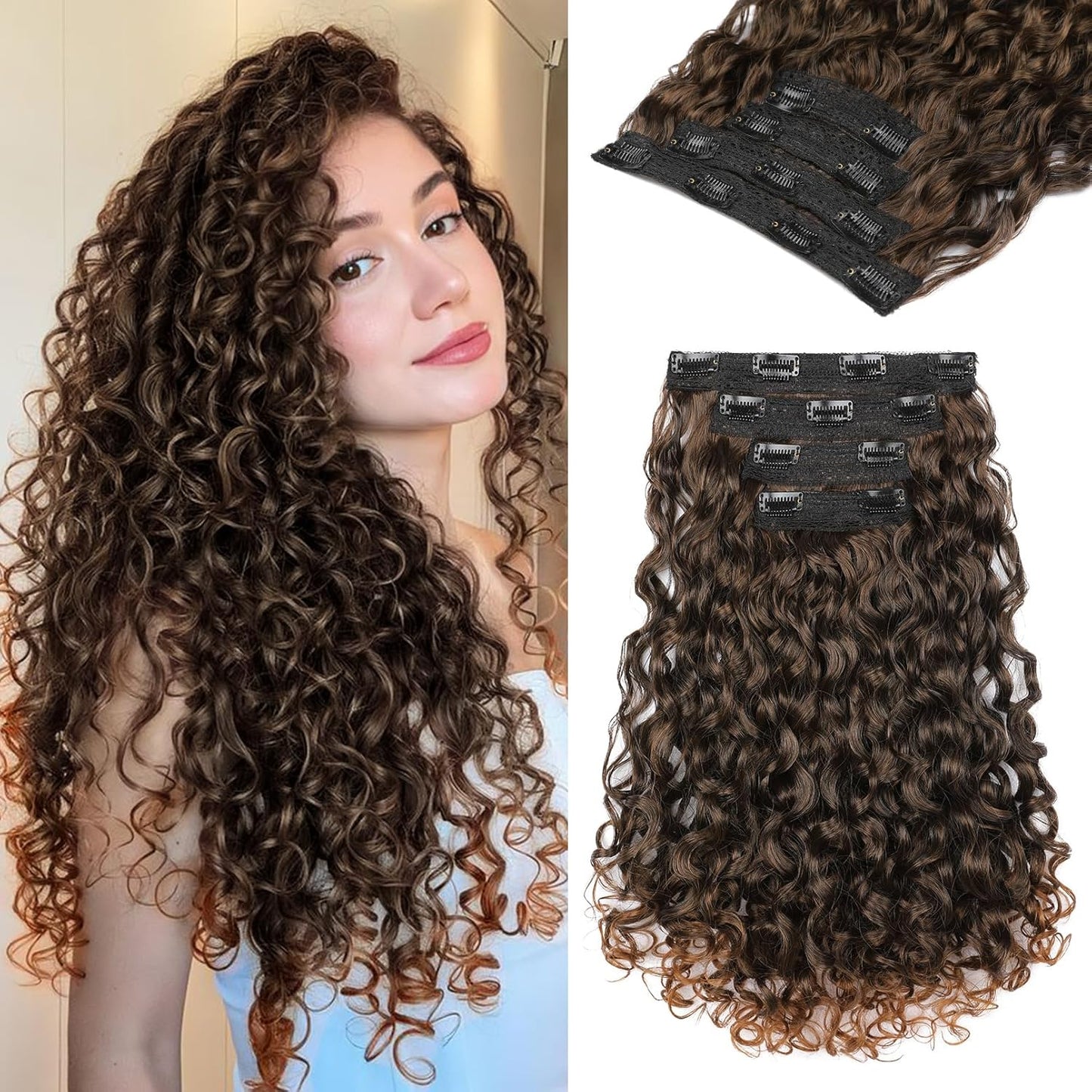 Curly Hair Extensions - 4PCS 18" GoGo Curly Clip-Ins | 100% Protein Hairpieces, Honey Blonde Highlights