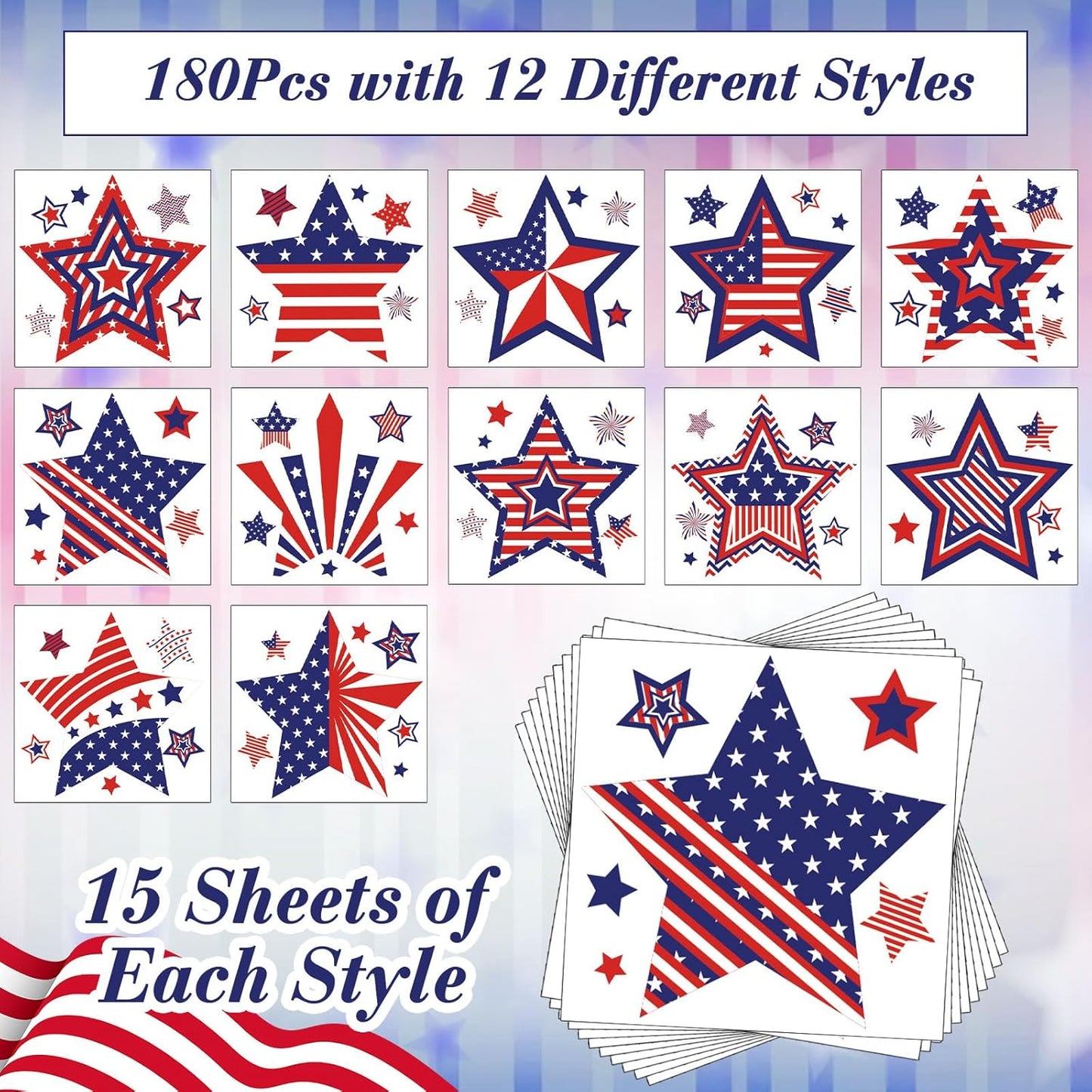 4th of July Temporary Tattoos - 180 Patriotic Star Designs | Red, White & Blue Party Decorations for Independence Day