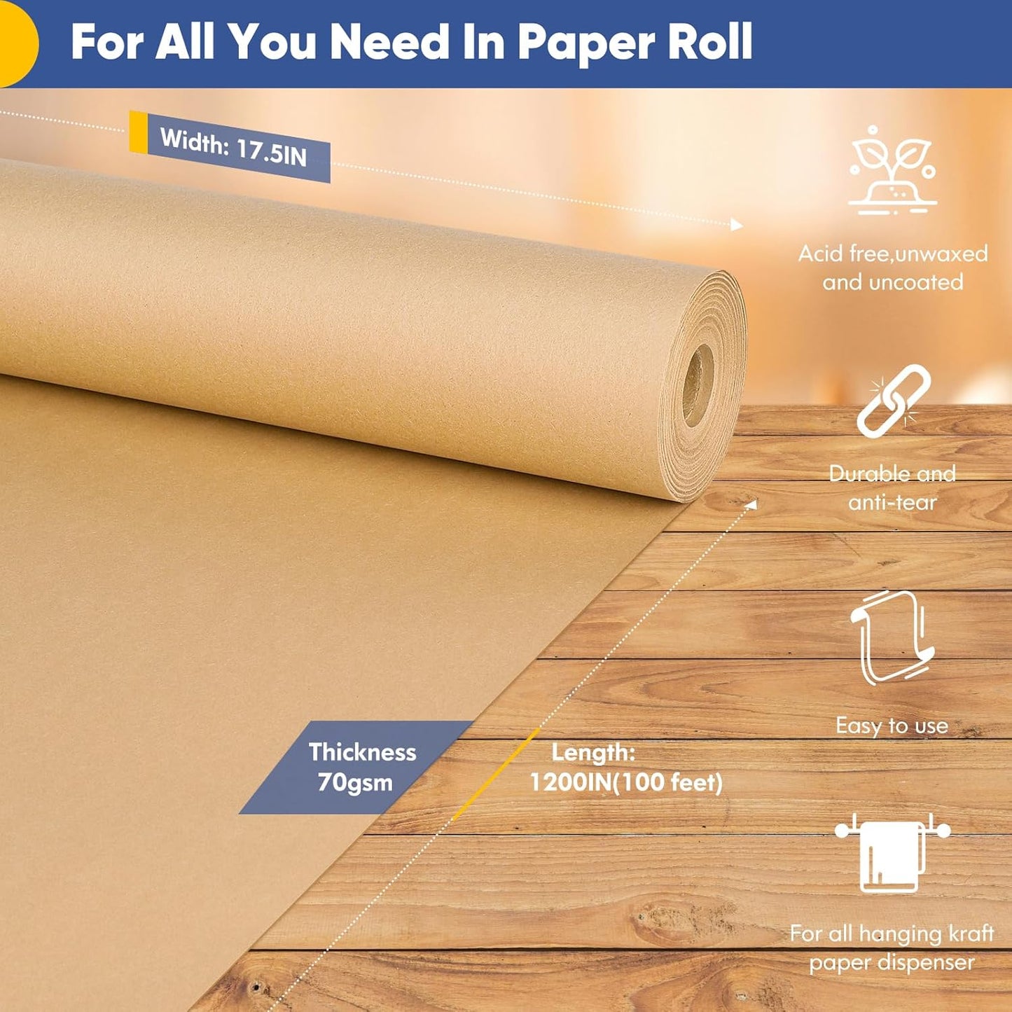 Brown Wrapping Paper Roll - Craft Kraft Packing Paper 17.5"x1200" for Gifts, Arts, & Moving Supplies | 70GSM