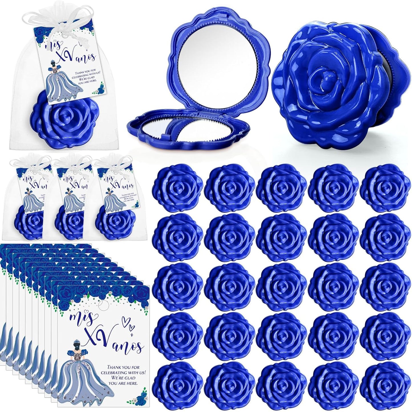 Quinceanera Party Favors - 50 Sets Rose Design Compact Pocket Mirrors & Thank You Cards | Gold Organza Bags