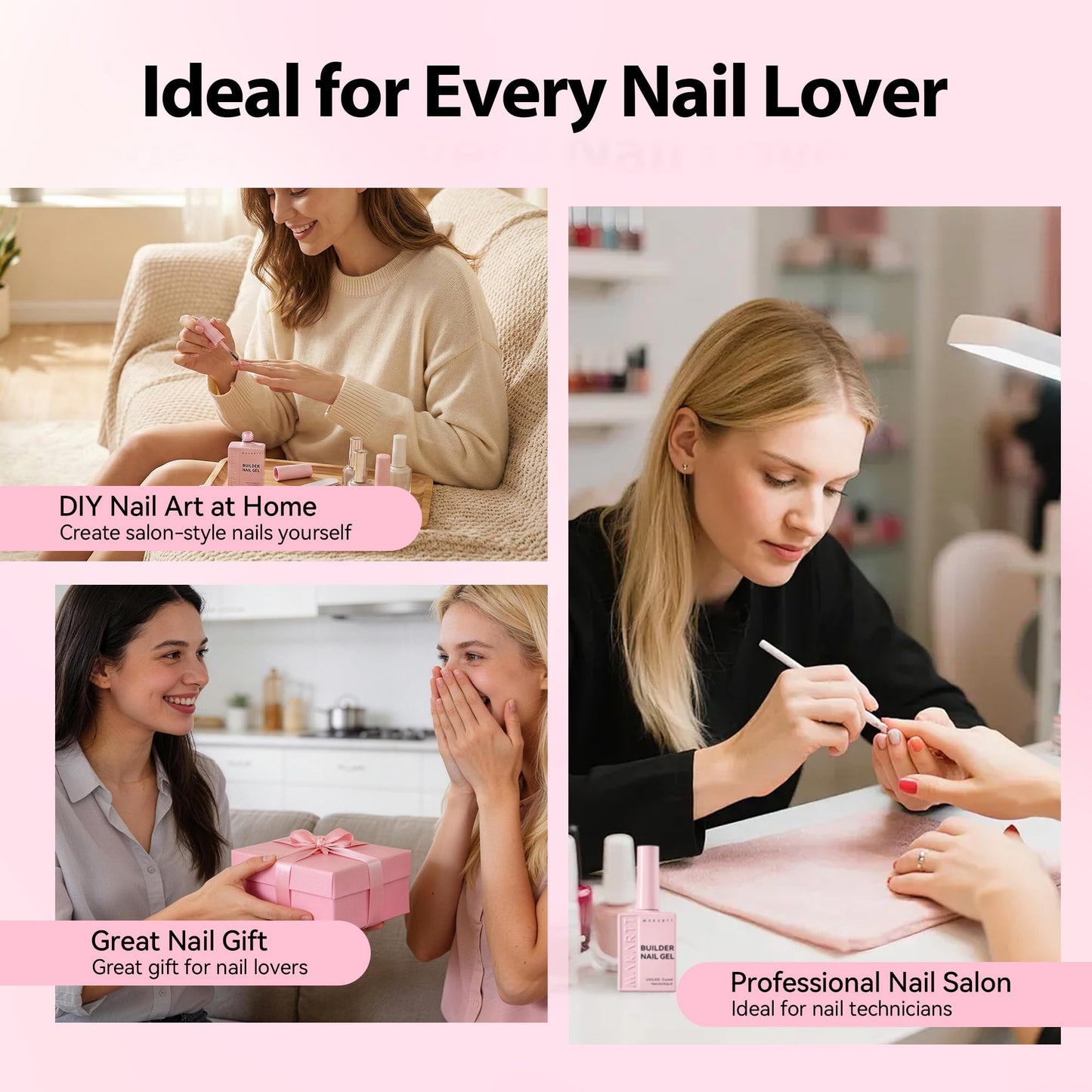 Makartt 8-in-1 Gel Nails Builder: 15ml Nude Pink Builder in a Bottle for Nail Strengthen Rubber Base and Rhinestone Glue, UV Light Cured Gel Builder for Nails - Home User DIY Low Odor