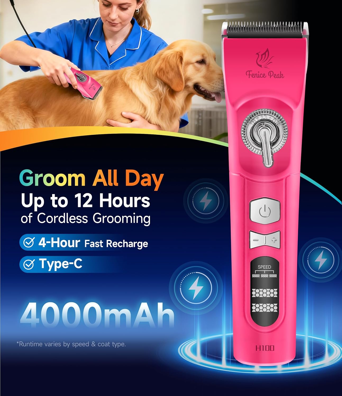 Cordless Dog Grooming Clippers - 12-Hour Runtime, 3-Speed Quiet Electric Trimmer for Thick & Curly Coats | Pink