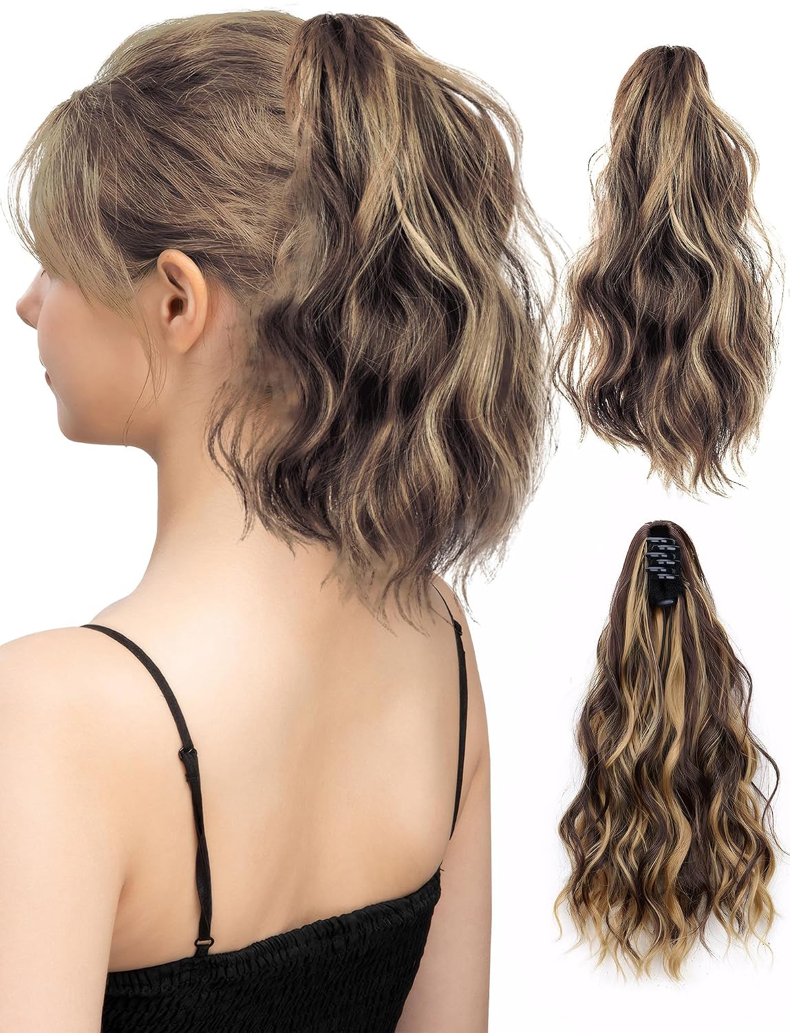 Curly Wavy Ponytail Hairpiece - 13-Inch Synthetic Claw Clip Extension | Honey Blonde