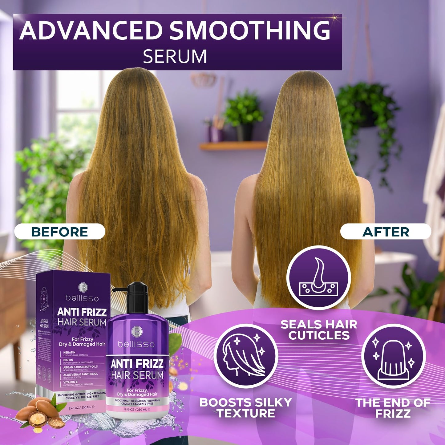 Anti Frizz Hair Serum - Humidity Control for Frizzy, Damaged Hair - 8.45 Fl Oz | Smoothing & Styling Solution