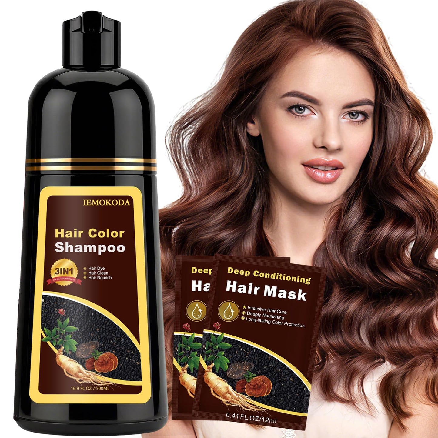 Instant Black Hair Dye Shampoo - 100% Gray Coverage | Herbal Formula, 3-in-1 Care, 500ML