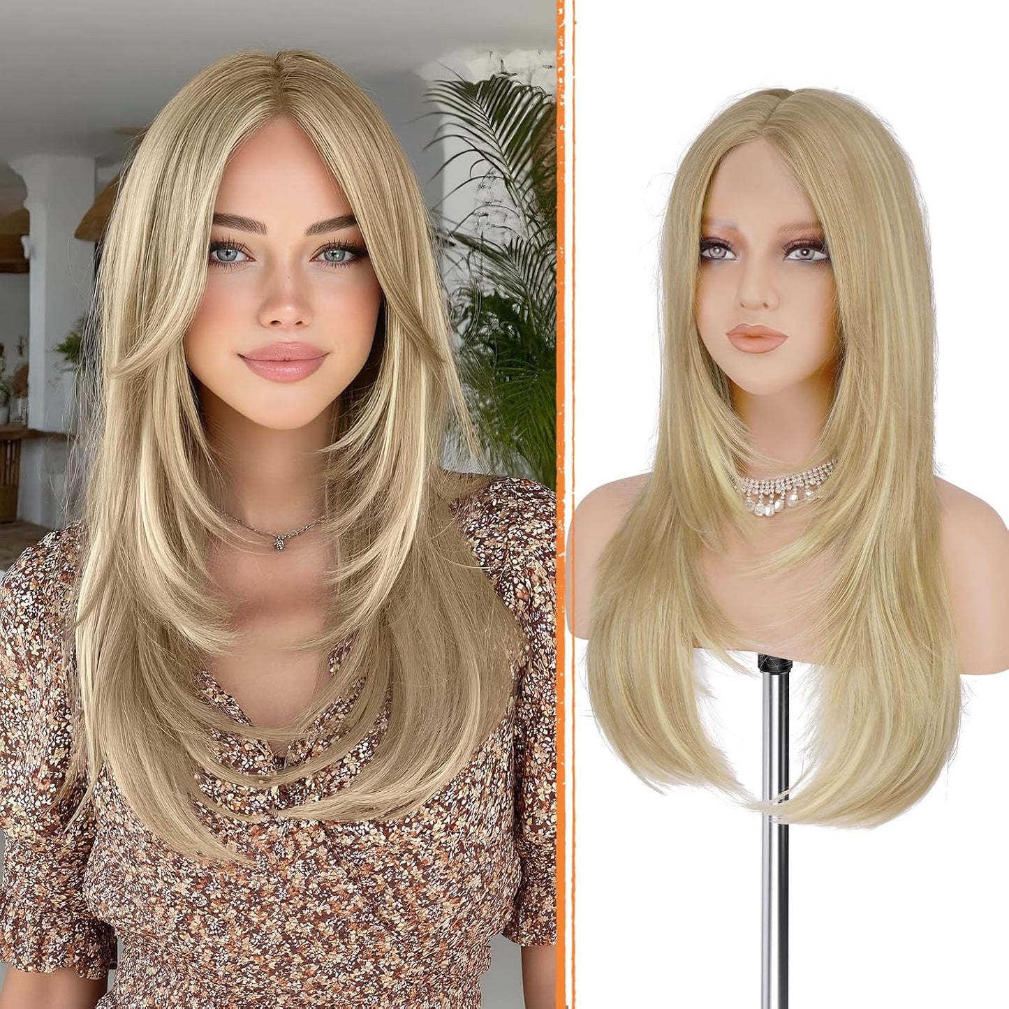 Blonde Wig with Curtain Bangs - Lace Front Synthetic Hair, 24 Inch Dirty Blonde | Natural Looking, Long Layered Style