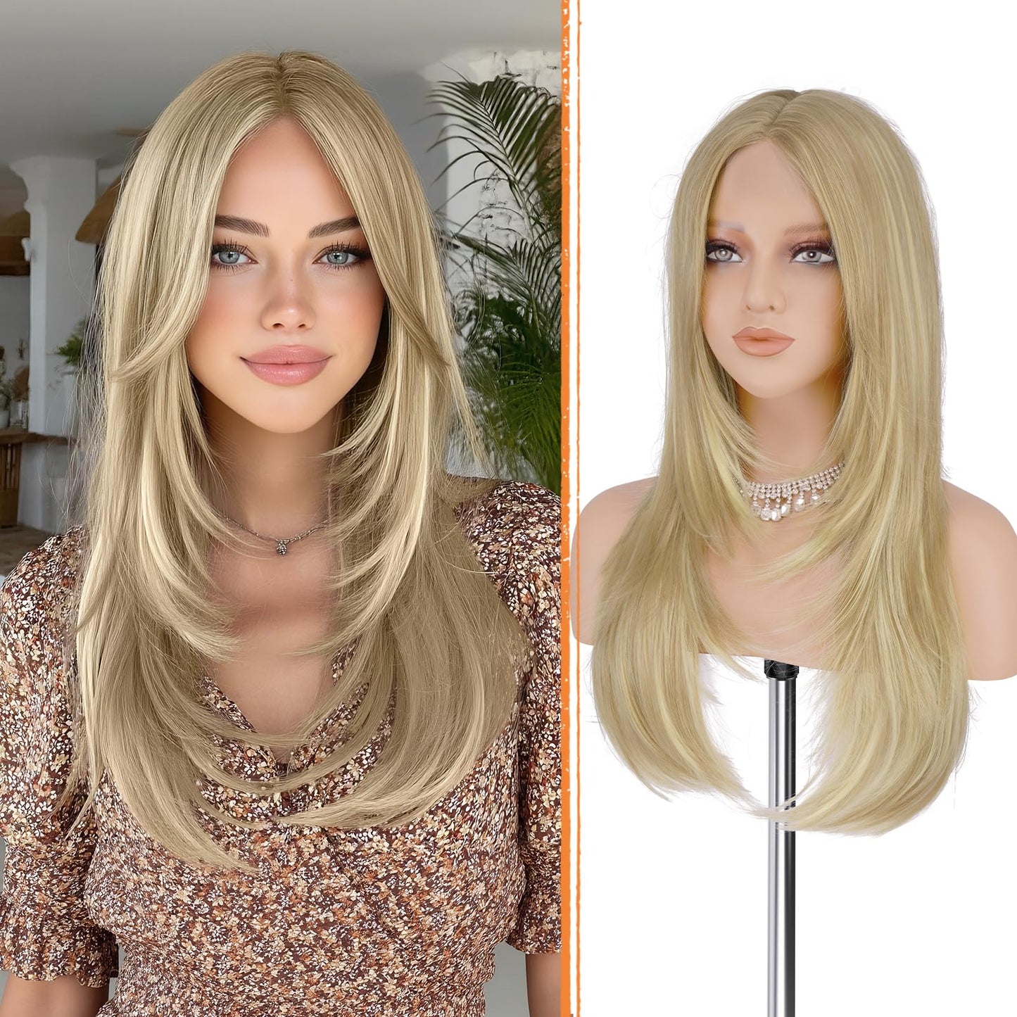 Haloo Blonde Wig with Curtain Bangs - Lace Front Hairline Middle Part Long Layered Natural Looking Straight Synthetic Hair Wigs for Women Daily Party, 24 Inch Dirty Blonde