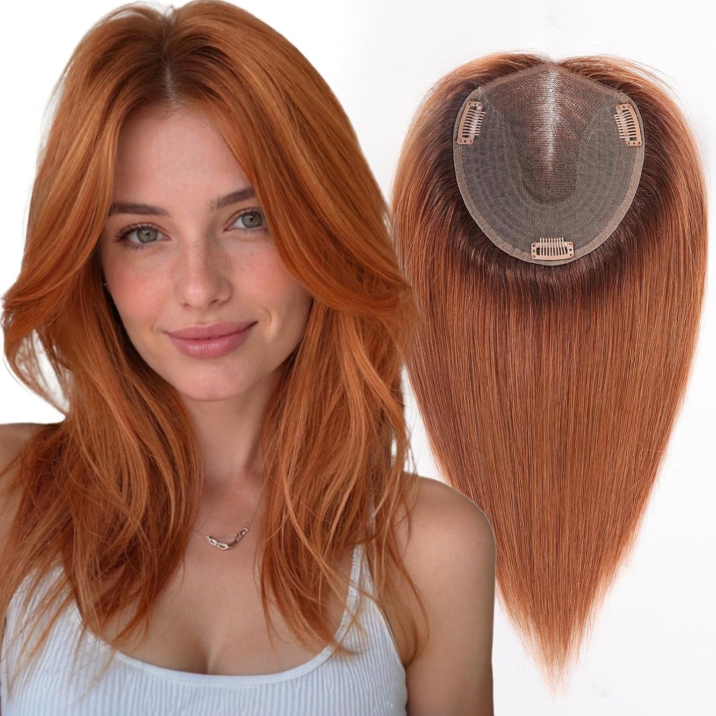 Real Human Hair Toppers for Women - 14 Inch Silk Base | Ash Blonde Mixed Brown with Bangs - 60g