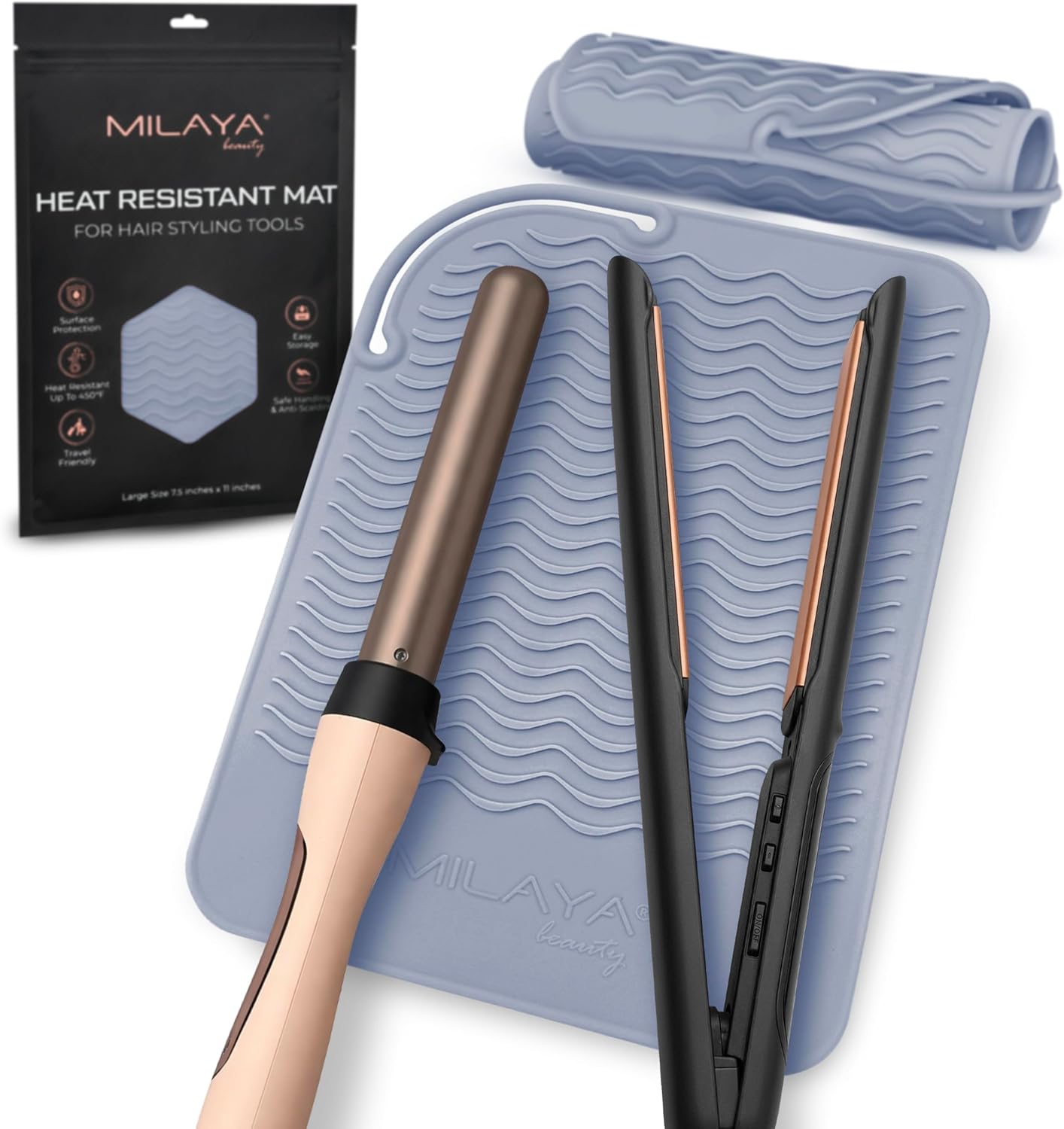 Milaya Beauty Large Heat Resistant Mat - Silicone Curling Iron & Flat Iron Holder | Non-Slip Vanity Accessory for Home & Travel