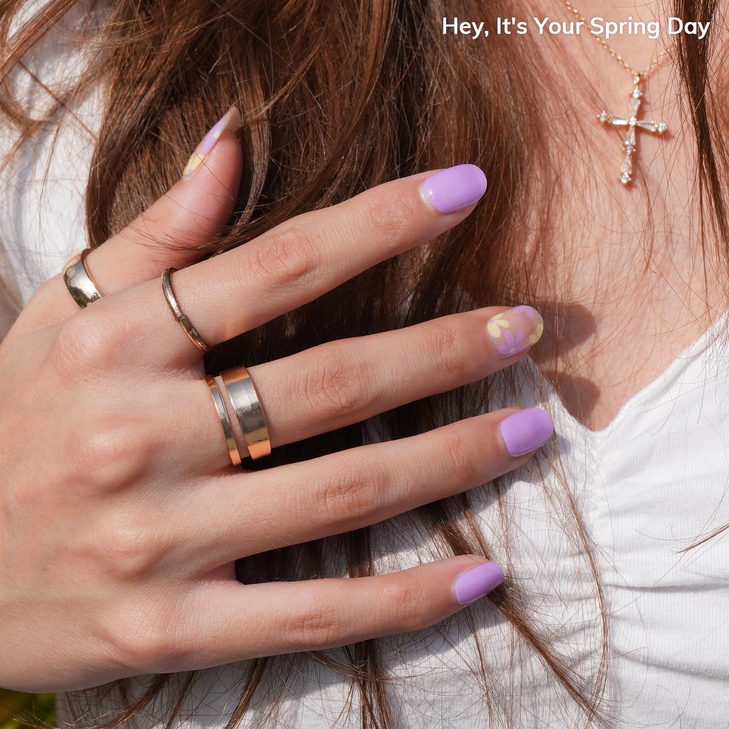 Heyhae Semi Cured Gel Nail Strips | No LED Lamp Needed | Purple, Floral | Easy Apply & Remove, Salon Quality | Includes 28 Strips, 2 Prep Pads, Nail File & Wooden Stick - Hey, It's Your Spring Day